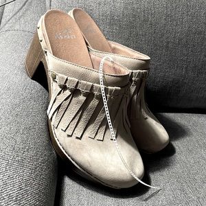 Dansko Deni taupe nubuck leather mule clogs